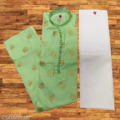 New fancy neck design gold printed mint green kurta with white pajama for men's