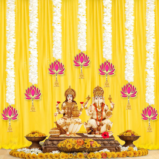 BENAVJI Presents Handmade Artificial Jasmin Mogra Garland String with MDF Lotus in Bell Style for Home Deocr Diwali Decoration Size 60 CM Length Pack of 7