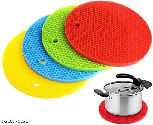 Silicone Anti Hot Heat Resistant Round Pot Holder Disc Pads Car Dashboard Pad Dining Table Mat Place-mat Coasters, (Multicolour) - Pack of 4