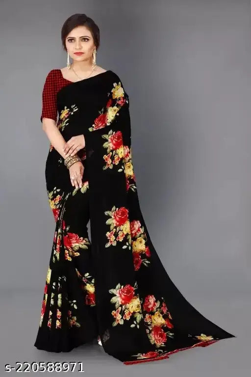 Women's Desinger Georgette Floral Printed Saree with Blouse Piece