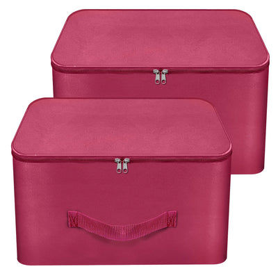 Storite 2 Pack Nylon Wardrobe Bag Underbed Moisture Proof Cloth Storage Organizer, Storage box for Clothes Saree Bags with Zippered Closure & Handle (Magenta, 37x34x23 cm) Square