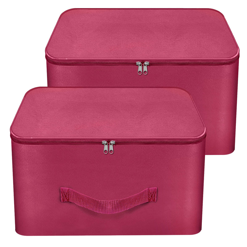 Storite 2 Pack Nylon Wardrobe Bag Underbed Moisture Proof Cloth Storage Organizer, Storage box for Clothes Saree Bags with Zippered Closure & Handle (Magenta, 37x34x23 cm) Square