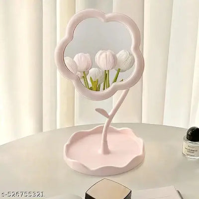 Plastic Flower-Shaped Makeup Mirror, Rotatable Makeup Mirror with Tray Table Vanity Mirror Cute Flower-Shaped Mirror for Tabletop, Bedroom, Bathroom, Living Room(Multicolour) (1), Round