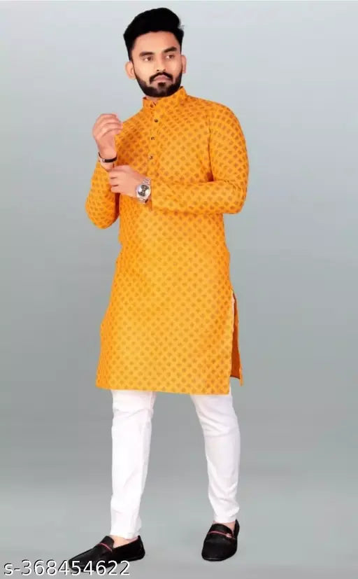 Men Printed Cotton Blend Straight Kurta (Yellow) (ONLY KURTA)