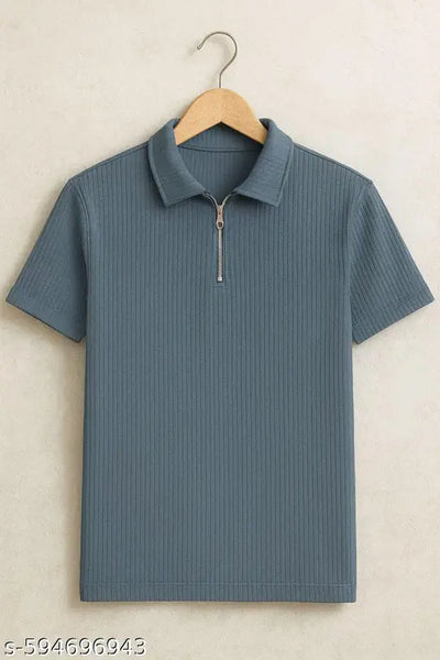 “Premium Frill Fabric Half Zip Collar T-Shirt – gray Edition for casual and Daily use wear