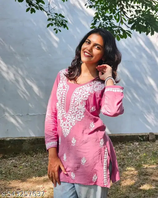 JANNAT ANBEEEY RASHA PREMIUM CHIKANKARI NEW CUTE PINK STRAIGHT SHORT KURTI