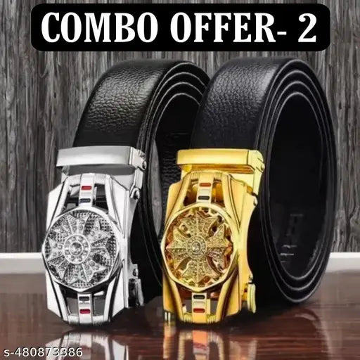 Belt for mens, combo pack of 2 belts. Silver and gold buckles set, formal and casual wear