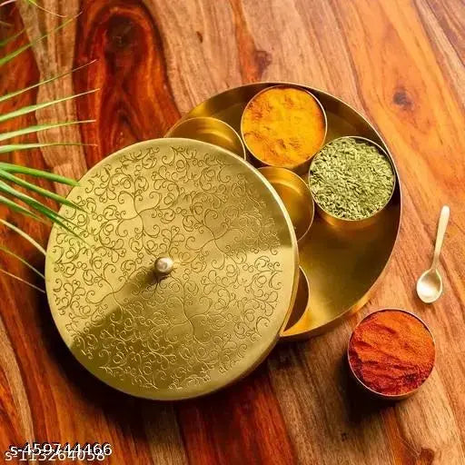DecoCrafts India Gold Plated Handcrafted Spice Boxx Set For Kitchen With Spoon Masala Boxx Masala Dani Masala Dabba & Spice Container (7 Detachable Containers, 100 ML)