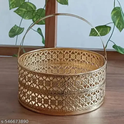 Gibhomo Flower Basket |Pooja Basket with Handle | Pooja Basket with Handle | Dolchi Basket for Puja Brass Traditional Round Shape Pooja Basket/Pooja Dalia 8inches