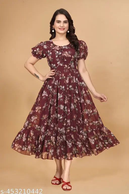 Zanies Puff Sleeve Georgette Calf Length Dress For Womens and Girls