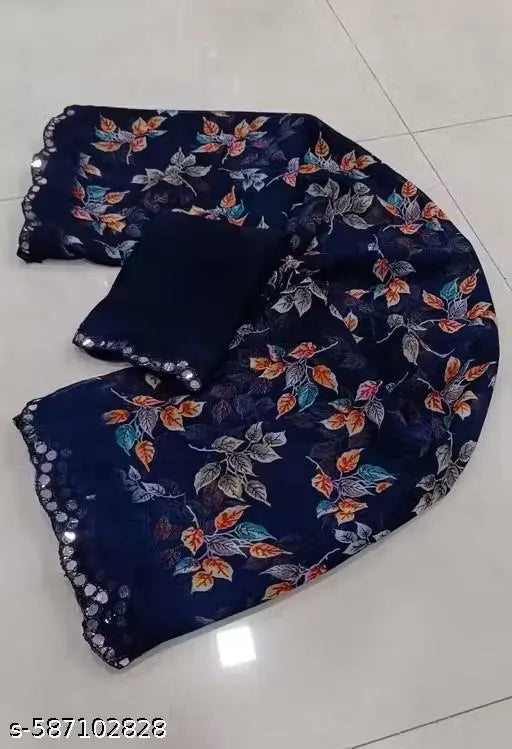 Attractive Krishna Trendz Leafy Georgette Saree with unsticched Blouse and Mirror Lace.