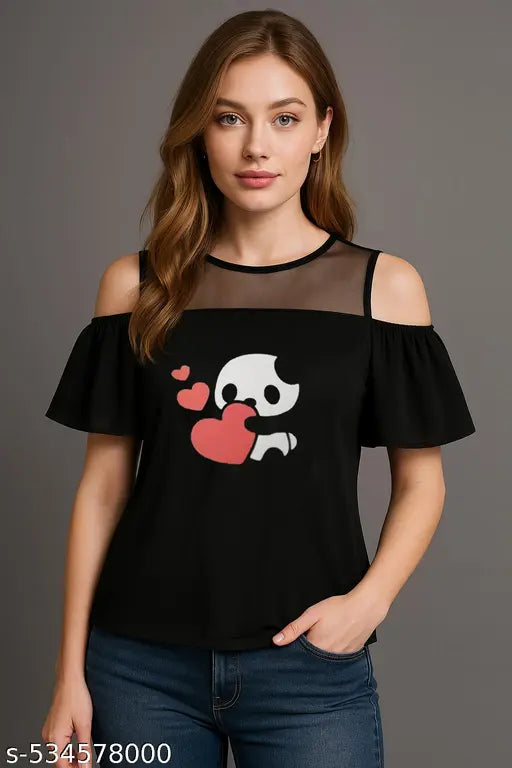 Cold-Shoulder Black Top with Sheer Panel