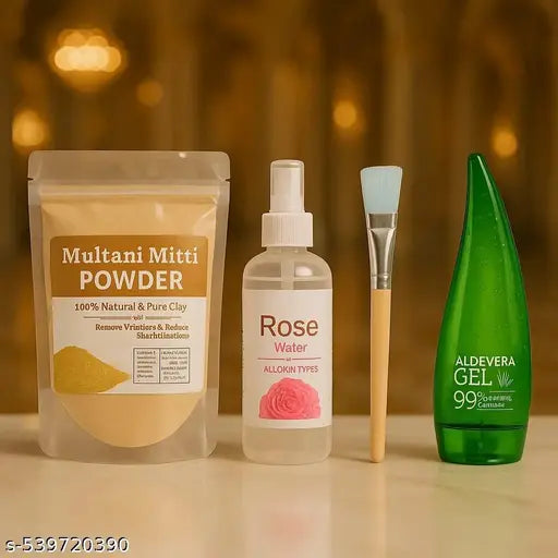 Mitti Powder 100% Natural for Skin (200g), Rose Water (120ml), Face Pack Brush & Aloe Vera Gel