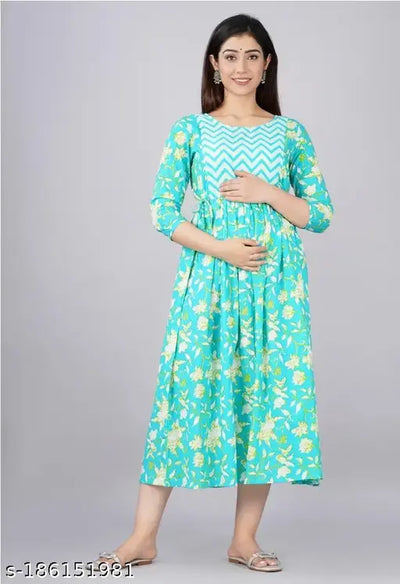 Murli Kurti Women's Cotton Floral Print Flared Maternity Kurta (Sky Blue)