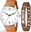 Boys watch and Men watches Hand watch men Sports gents stylish Leather Belt gift Analog Watch - For Boys Chronograph White Dial Brown Leather Strap For Men Boys With king Bracelet Combo Pack Of 2