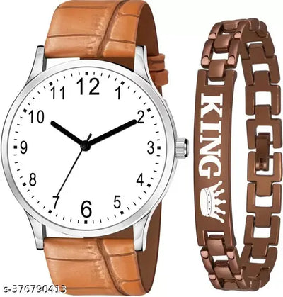 Boys watch and Men watches Hand watch men Sports gents stylish Leather Belt gift Analog Watch - For Boys Chronograph White Dial Brown Leather Strap For Men Boys With king Bracelet Combo Pack Of 2