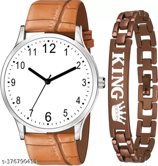 Boys watch and Men watches Hand watch men Sports gents stylish Leather Belt gift Analog Watch - For Boys Chronograph White Dial Brown Leather Strap For Men Boys With king Bracelet Combo Pack Of 2