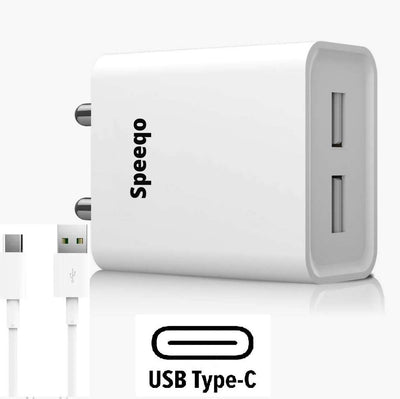 2.4A Double USB Port Fast Power Adapter, with Type-C 2.4A Charging Cable 2.4 A Multiport Mobile Charger with Detachable Cable (White)
