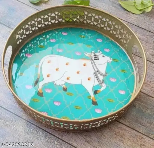 Anshra > Metal Round Tray Cow Pichwai Tray (Size = 8" ) | Best for Home Decor, Wedding Gift, Diwali Gift and Multiuse | High Glossy Resin Work Dining | Serveware | Round Trays | Cow Round Green Pichwai Trays