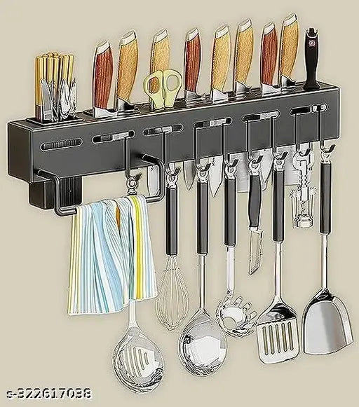 WE CLEVER Kitchen Shelf ADVANCED NON RUST STAINLESS STEEL ALLOY Wall Mount Knife Holder ,Towel Hanger , Spatula Ladle Hanging Hooks , Cutlery Holder Storage Rack High Grade Metal Multi-Purpose (40 x 5.5 x 7cm)