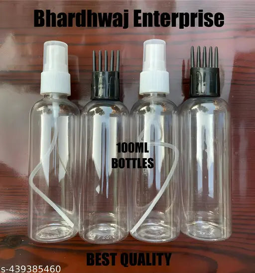 4 pcs. 100ml empty pet bottles. 1 of them a spray bottle 2pcs and 2 bottle of them is a oil bottle 2pcs.. 4 bottle combo pack