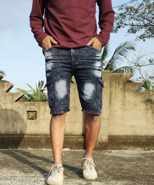 Stylish Denim Cargo Shorts Black 6 Pocket Stretchable Mens Designer Chinos Jeans shorts For Boys