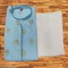 new fancy neck design printed sky blue kurta with white pajama for mens