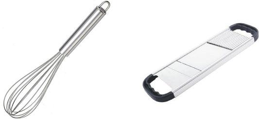 Egg Beater + 2 Side Slicer Kitchen Tool Combo Set Steel French Egg/Lassi Beater + Fruit & Vegetable 2 Side Slicer Set Kitchen Tool Set (Multicolor)