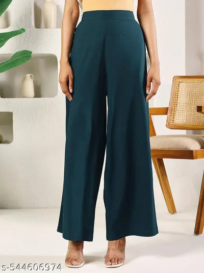 FIORRA Women's Teal Green Cotton Solid Palazzo