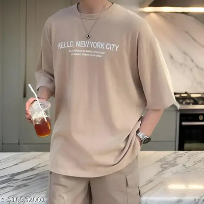 MENS STYLISH BEIGE COTTON BLEND OVERSIZED LOOSE FIT TSHIRT FASHIONABLE