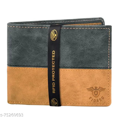 Fidaso Black & Brown/Tan Color Ecofriendly Vegan Leather Bi-Fold Men Wallet With RFID Protection