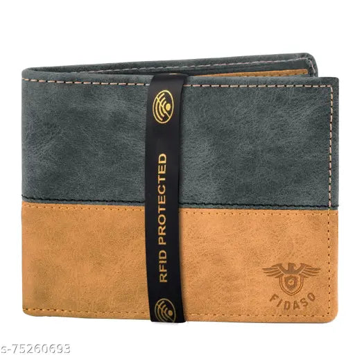 Fidaso Black & Brown/Tan Color Ecofriendly Vegan Leather Bi-Fold Men Wallet With RFID Protection