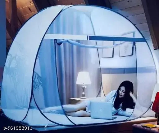 Foldable and Portable Double Bed (6ft x 6ft) mosquito net White net with Blue Border Free Carry Bag