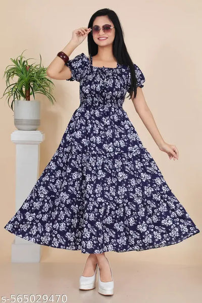 Stylish Floral Printed Fit and Flare Maxi Dress for Women With Affordable Price