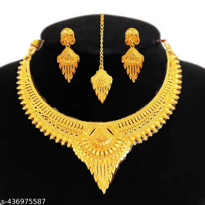 SDR Golden Necklace With Earrings And Maangtika Jewellery Set