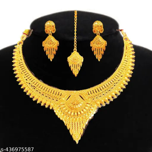 SDR Golden Necklace With Earrings And Maangtika Jewellery Set