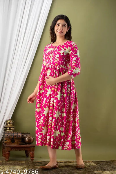 Woman’s RAYON Printed Maternity GOWN /KURTI with Adjustable Belt/DORI