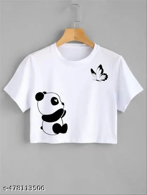 Geetika Mart Round Neck White Polyester Crop Top Design T-Shirt For Girl's & Woman's