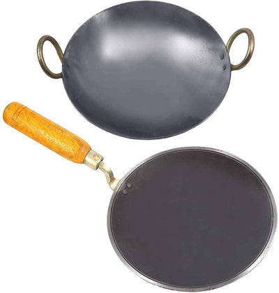 iron Kadai Deep Frying Pan for Cooking 8 inch 20 cm iron roti tawa 9 in 23 cm Induction Bottom Cookware Set (Iron, 2 - Piece)
