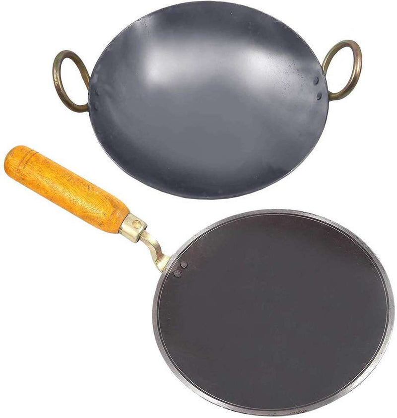 iron Kadai Deep Frying Pan for Cooking 8 inch 20 cm iron roti tawa 9 in 23 cm Induction Bottom Cookware Set (Iron, 2 - Piece)