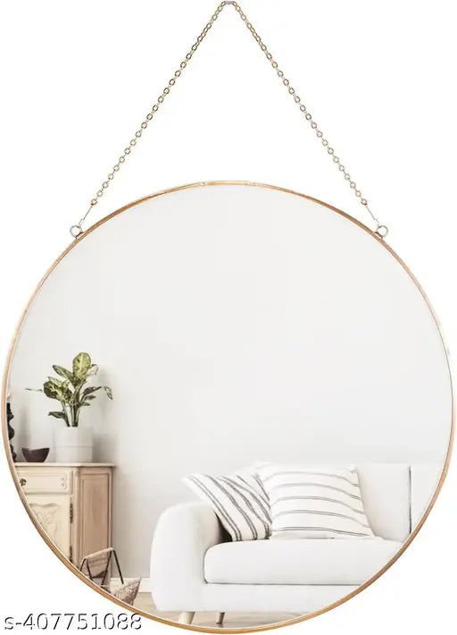 Unique Designs 11 inches Round Shape Hanging Vintage Wall Mirror with Brass Border Wall Hanging Mirror with Chain | Decorative Mirror for Wall Living Room Bedroom & Bathroom Mirror