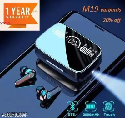 M19 TWS Wireless Headphones with Touch Control With Flashlight Bluetooth Headset (Black, True Wireless)