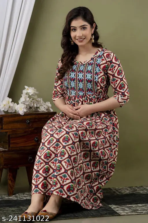 Women's Pure Cotton Printed Maternity Gown/Maternity wear/Feeding Nighty A-line Maternity Feeding Dress Maternity Kurti Gown for Women