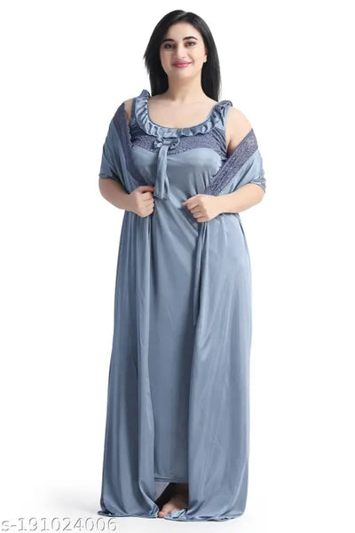 Come 4 Try Satin Nighty Full Length 2 Pieces Nighty (2 pcs Set of Nighty Pyjama Top Nighty, wrap Gown ) | Night Wear| Sleep Wear for Women (Free-Size 28 to 36 Regular)