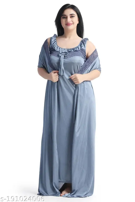 Come 4 Try Satin Nighty Full Length 2 Pieces Nighty (2 pcs Set of Nighty Pyjama Top Nighty, wrap Gown ) | Night Wear| Sleep Wear for Women (Free-Size 28 to 36 Regular)