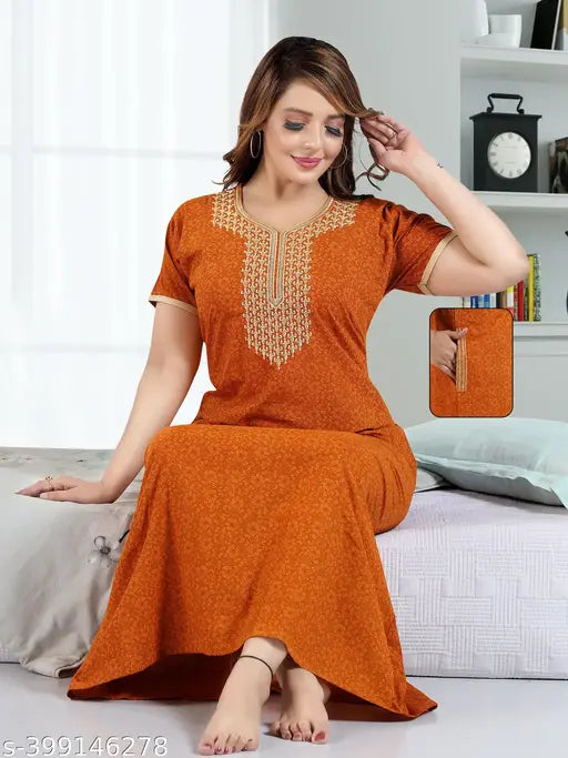 Fancy Embroidered Cotton Nighty Full Length | Night Wear| Sleep Wear For Women |Night Gown For Women Mustard