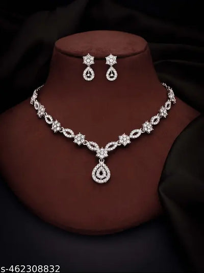 silver Plated Necklace Set With American Diamond