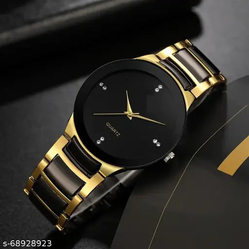 New Stylist Luxury Look Golden black Round Dial professional Analog Watch - For Metal Chain Stainless Steel Strap Premium Quality Quartz wrist Watch For Boys men