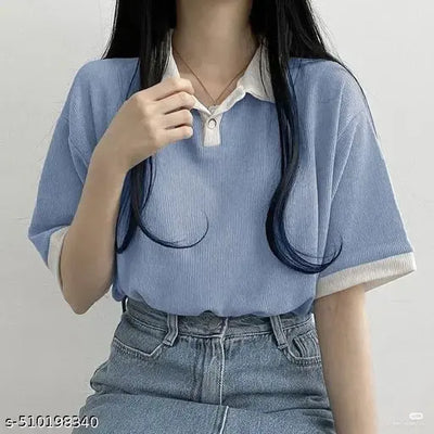 Women Korean Styles top | Summer waer | Half Sleeve |Party Waer |Stylish Tshirt |Coller type Crop Top|Polo Neck|Crop Top Comfy Trendy Women Top & Tunics | T-Shirt for Women & Girl's
