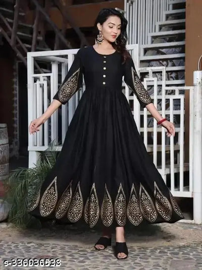 Black Rayon Solid Anarkali Gold Printed 3/4 Sleeve Show Botton Kurta For Women's and Girls